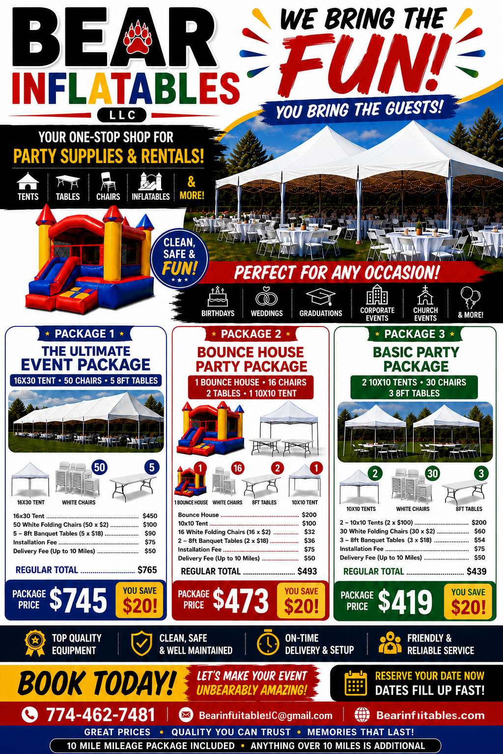 Bear Inflatables party supplies and rental packages flyer