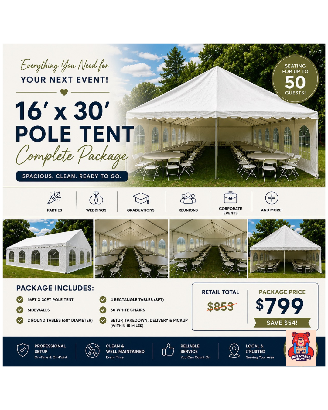 16 by 30 pole tent complete package promo