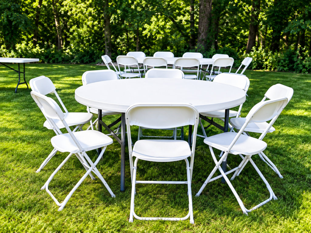 White round event table surrounded by white folding chairs on a lawn.