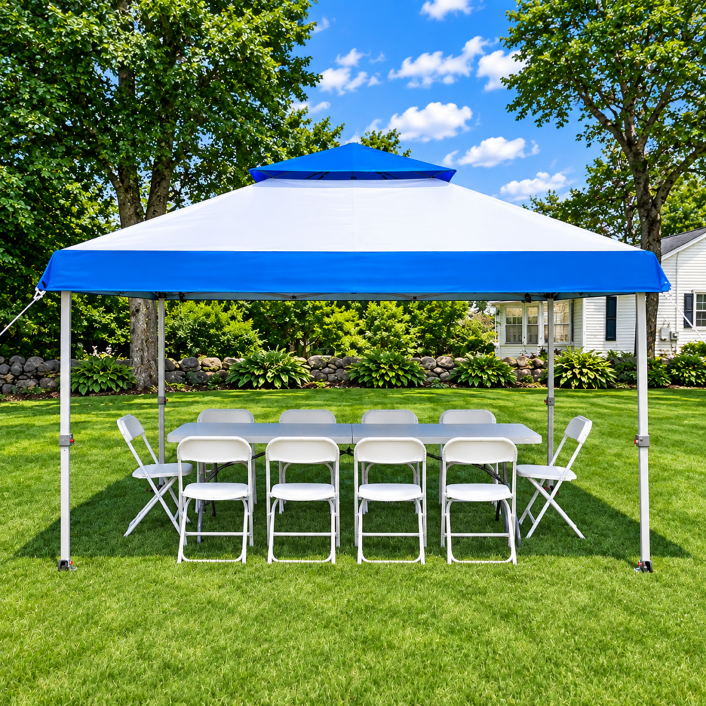 Blue and white canopy with rectangular tables and white folding chairs beneath it.