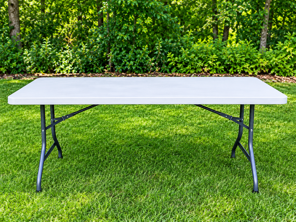 White rectangular folding table set up on a green lawn.